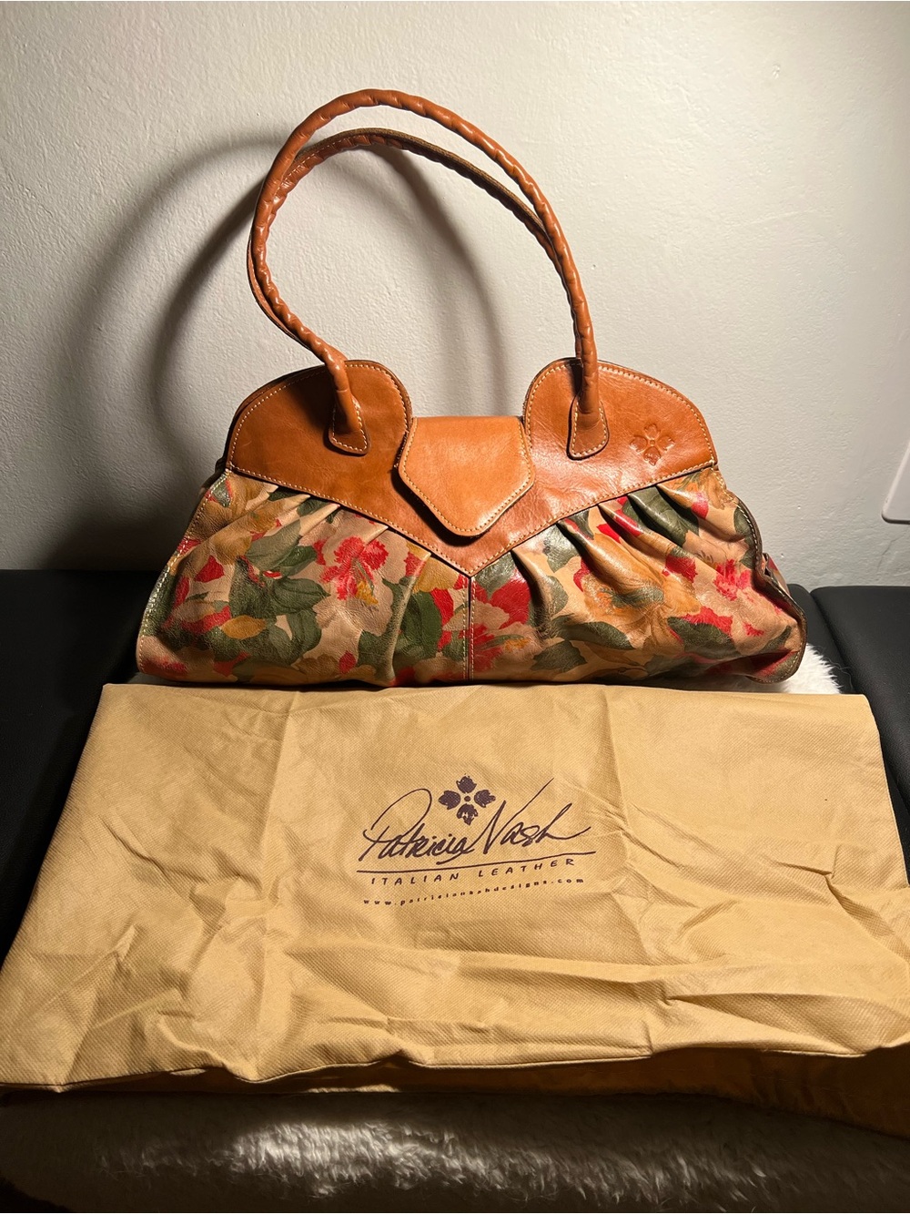 Patricia Nash Tan Leather Floral Print Large Baguette Bag